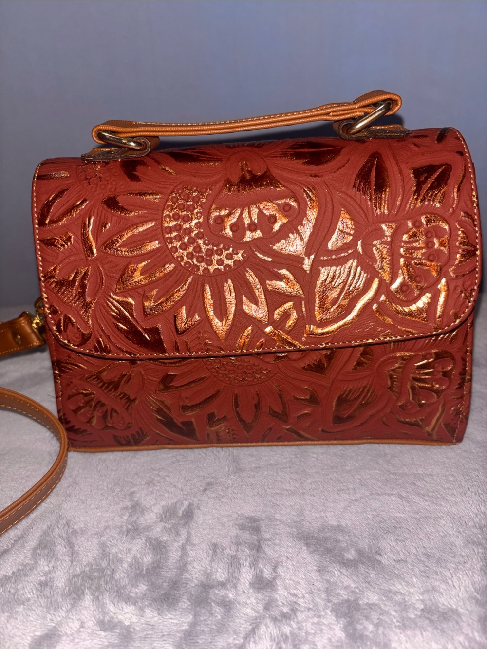 Women’s Embossed Floral Mexican Leather Crossbody Bag - Rust